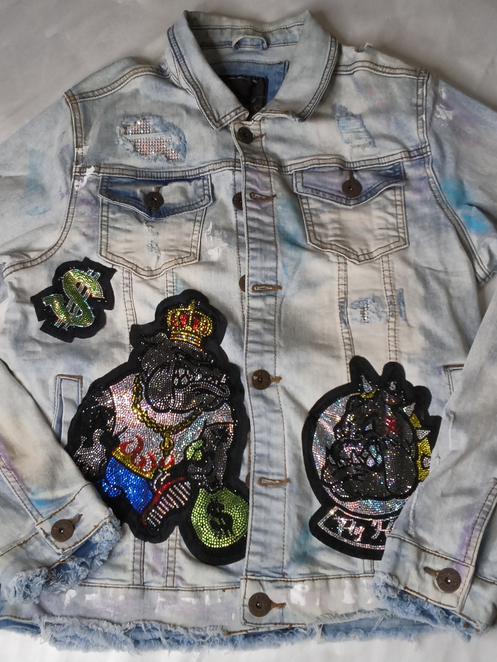 Embellished Light Blue Denim Patch Bomber Jacket